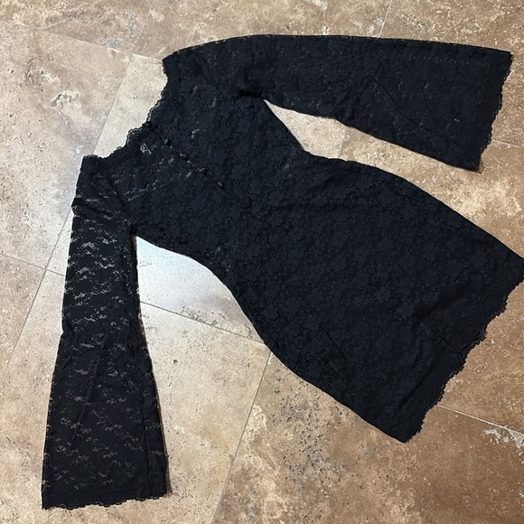 FREE PEOPLE black lace bodycon dress with dramatic bell sleeves and sheer panels - Picture 8 of 10